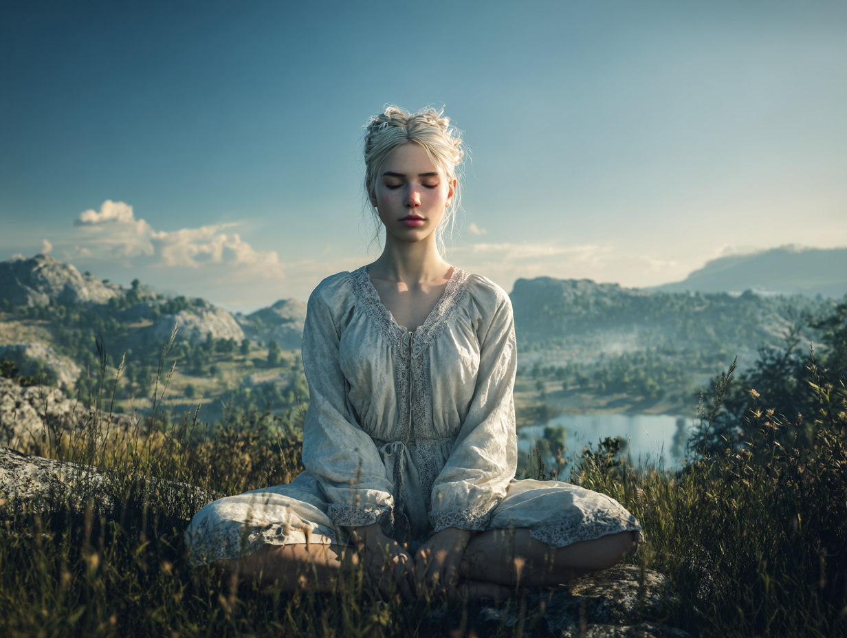 Meditáló nő természetes környezetben